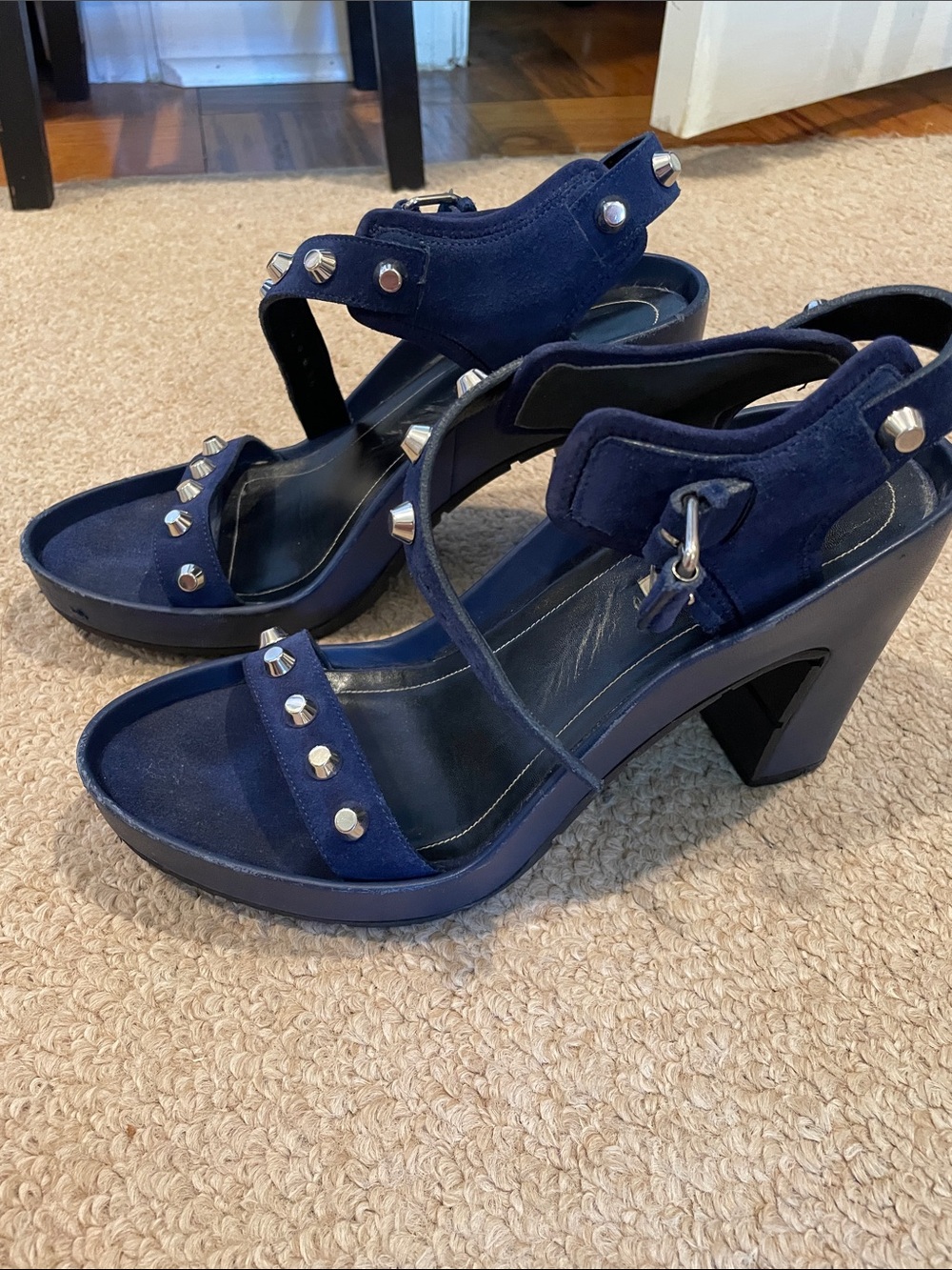 Balenciaga Women’s Navy Studded Block Heel Sandals